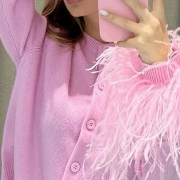 Pink Casual Women's Crew Neck Glamorous Wrap Feather Cuffs Cardigan - Picture 3 of 4